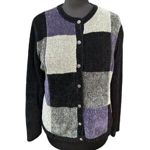 Croft & Barrow Black and Purple Chenille Button Front Patchwork Cardigan Size L